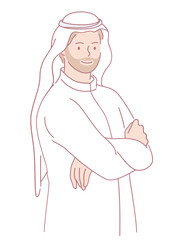 This artwork features an illustrated portrait of a confident Emirati man dressed in traditional attire and accessories