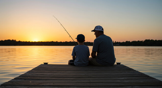 Golden sunset serene lake peaceful fishing bonding moment father son unforgettable memories