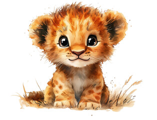A cute cartoon baby lion with large eyes and a playful smile, sitting on a transparent background. Concept of nature, wildlife, and innocence.