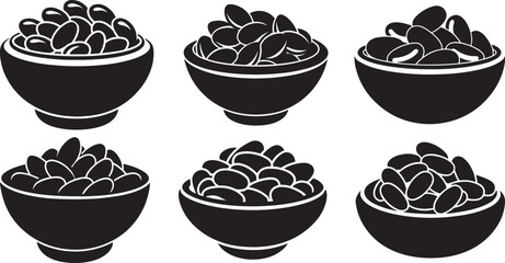 set of beans in a bowl silhouette, black and white silhouette, vector and illustration