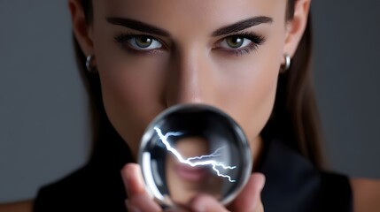 Close-up portrait of a captivating woman gazing intently into a crystal sphere containing a mesmerizing lightning bolt, evoking a sense of mystical power and ability to divine the future.