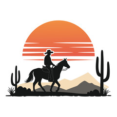 Design a logo featuring a stylized silhouette of a cowboy riding a horse into a vibrant sunset.  The design should evoke a feeling of freedom and the Wild West.
