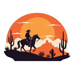 Design a logo featuring a stylized silhouette of a cowboy riding a horse towards a vibrant sunset.  The style should be classic Western.