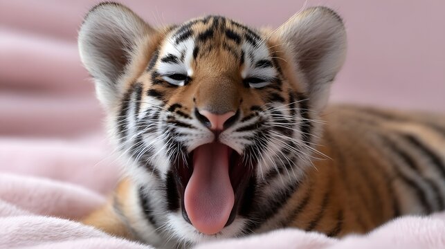 A close-up shot of a young, adorable tiger cub yawning while resting on a soft, cozy blanket, showcasing its cute and sleepy expression. - Powered by Adobe