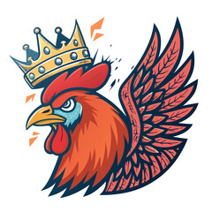 A crazed chicken with vibrant graffiti-style wings, a cracked crown, and intensely wild eyes.  Detailed, expressive artwork.
