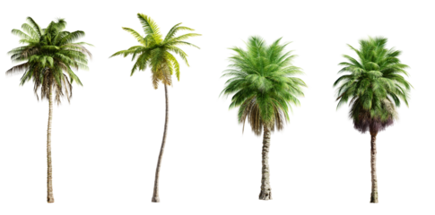 Four palm trees isolated on transparent background. 3D render. 3D illustration.