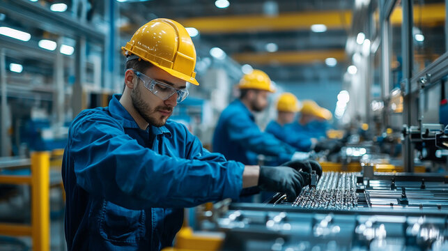 Factory workers assembling products on a production line, with machines and tools in the foreground