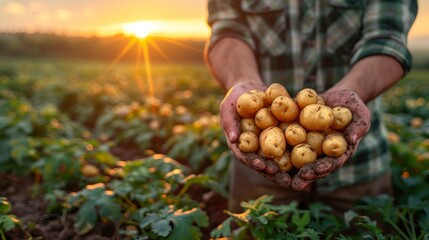 A farmer proudly showcases freshly harvested potatoes against a beautiful sunrise in a lush green field, symbolizing hard work and the rewards of agriculture.