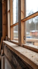 A window with a wooden frame and a wooden sill