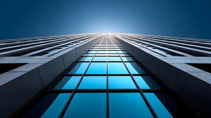 Obraz premium Towering glass and steel high-rise building shot from an angular, dynamic perspective, showcasing the sleek, minimalist modern architecture.
