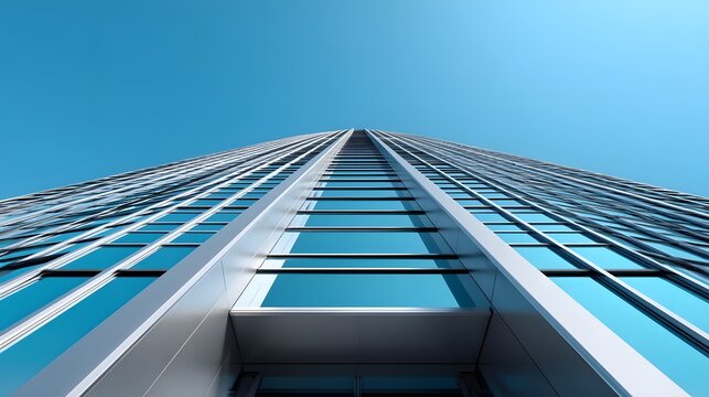 Dramatic upward perspective of a towering glass-fronted skyscraper, showcasing the sleek, minimalist design and geometric patterns of contemporary urban architecture