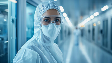 Scientist in a clean room covered with a coverall suit working with semiconductors, nanotechnology and other advanced technologies