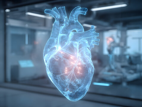 A detailed wireframe rendering of a human heart with glowing areas in a futuristic medical setting