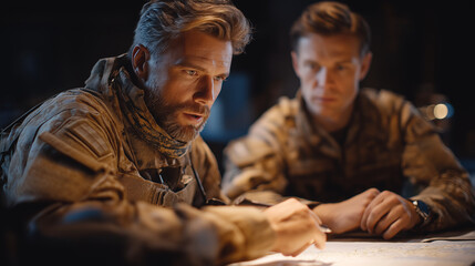 Obraz premium Intense Military Discussion in Control Center Over Strategic Map