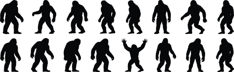 Silhouette collection of Bigfoot or Sasquatch creatures in various walking poses, black vector mysterious cryptid figures, mythical wild man forest monster illustration design