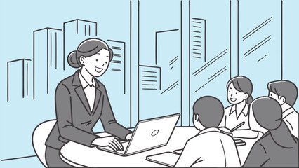 Businesswoman presenting to a group at a round table with a laptop in a modern office space setting