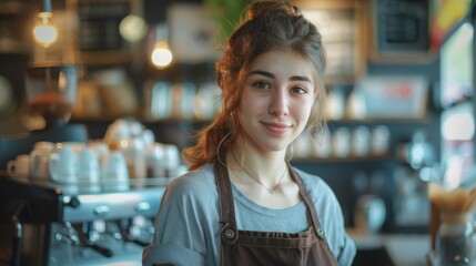 A cheerful barista in a cozy café wears an apron and serves coffee, embodying customer service excellence and passion for coffee culture in a friendly environment.