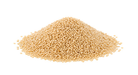 A close-up view of a mound of uncooked quinoa grains on a clean white background, ideal for healthy cooking and nutrition