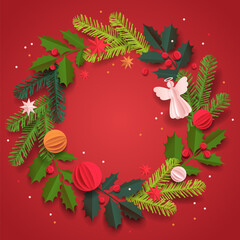 Paper cut template. Square Christmas vector greeting card. Christmas tree, balls, and a decor isolated on a red background. Winter frame for holidays with place for text.

