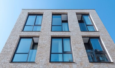 Low-angle view of a modern, light-stone building with large windows