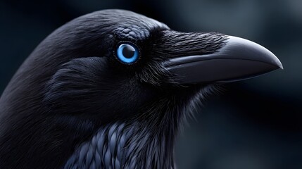 Striking close-up portrait of a shiny black raven with captivating blue eyes, capturing the bird's mysterious and alluring presence.