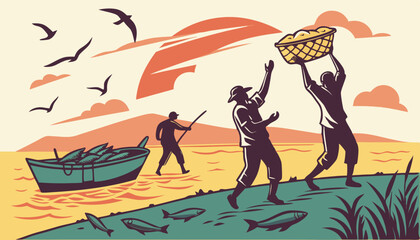 Obraz premium Jubilant fishermen celebrating a bountiful catch, joyfully dancing on the beach at sunset. Their ecstatic movements express pure elation. 