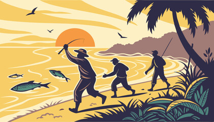 Obraz premium Jubilant fishermen celebrating a bountiful catch, joyfully dancing on the beach at sunset. Their ecstatic movements express pure elation. 