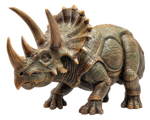 Fototapeta premium Detailed model of prehistoric dinosaur, showcasing triceratops with textured skin and prominent horns. This lifelike representation captures essence of ancient wildlife, evoking sense of wonder