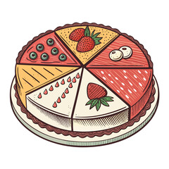 A delicious pie, sliced into segments, visually representing a pie chart; each slice a different flavor & color, styled for a dessert course.  High-resolution, detailed.