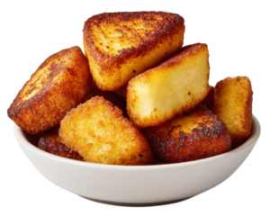 Crispy golden hash browns piled in white bowl, showcasing their deliciously fried texture and appealing shape. Perfect for breakfast or as savory snack, these treats are sure to delight