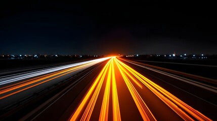 Long exposure of a busy highway at night, capturing the dynamic flow of traffic and transportation infrastructure.