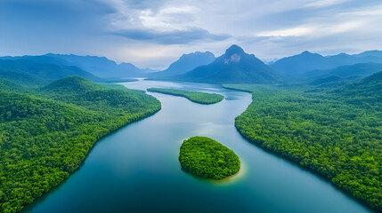 aerial view mangrove forest and mountain peak of Phang nga bay, Thailand