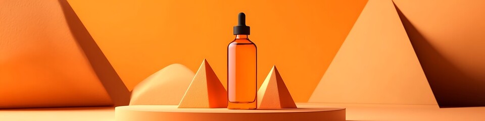 Orange pastel product podium with triangular shapes supporting bottle in studio light
