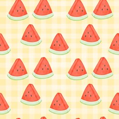 Seamless pattern with summer picnic and Watermelon on pastel Yellow