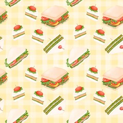 Seamless pattern with summer picnic and Sandwich on pastel Yellow