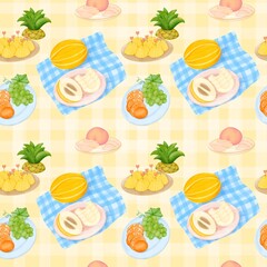 Seamless pattern with summer picnic and fruit Pineapple, Peach and Korean Melon on pastel Yellow