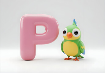 Obraz premium A cute cartoon Parrot next to light Pink letter P