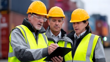Logistics team planning a collaborative transport strategy at a shipping yard