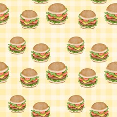 Seamless pattern with summer picnic and Sandwich on pastel Yellow