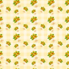 Seamless pattern with summer picnic and Sunflower Bouquet on pastel Yellow