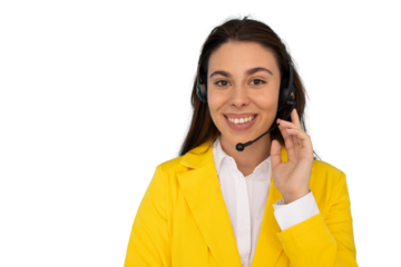 Smiling female call center operator wearing a headset, providing customer support and assistance with a friendly and professional demeanor