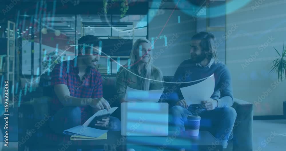 Poster colleagues opening folder sliding reports while analyzing data with animated finance charts pulsing