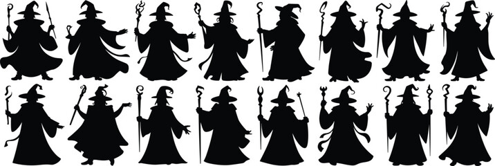 Wizard silhouettes collection, fantasy mage clipart, magic sorcerer vector, spell caster illustration, black wizard characters