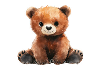 A cute cartoon baby bear with soft brown fur, sitting on a transparent background. Concept of cuteness, animals, and playfulness.