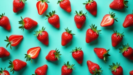 Mitades de fresas frescas, regordetas y jugosas con un ligero brillo, dispuestas en un patrón intrincado y sin costuras sobre un fondo brillante