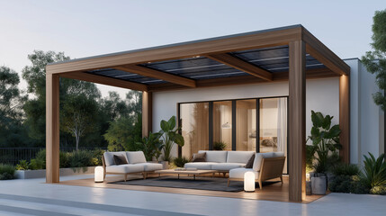 Modern Backyard with Home Battery Storage Under Pergola