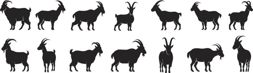 Vector silhouette set of goats, farm animal clipart collection, black livestock design for printing, rural art, agriculture