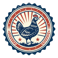 Design a retro-style chicken badge illustration, showing worn ink, faded edges, and a vintage aesthetic.  Include detailed feather texture.