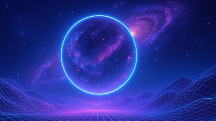 A glowing neon planet floats in a retro-futuristic galaxy with a digital grid landscape