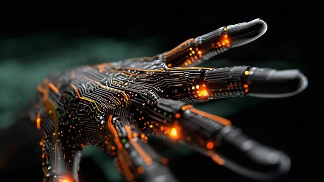 A striking robotic hand features complex circuits illuminated with vibrant lights, representing the intersection of engineering and creativity. This design illustrates futuristic advancements